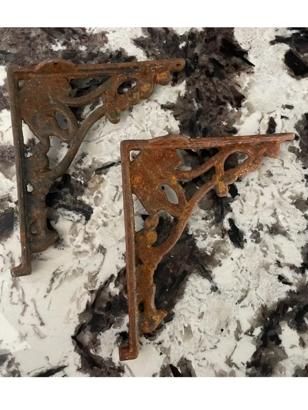 Rustic Brown Cast Iron Decorative Wall Shelf Bracket Pair 8” x 7”, Vintage